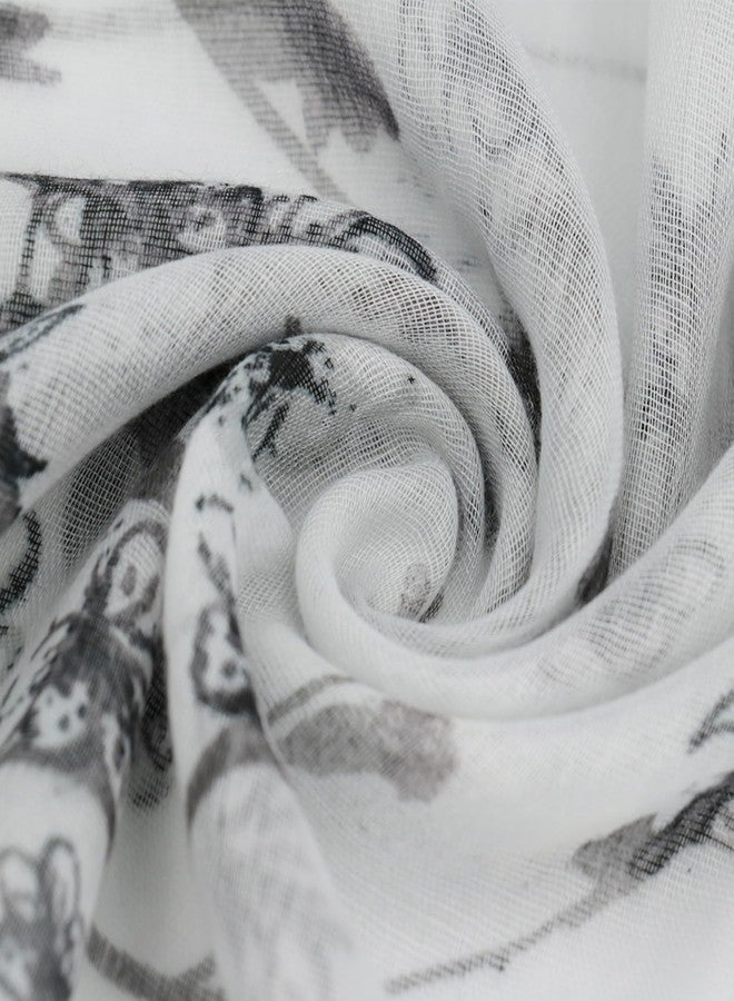 وشاح نسائي خفيف الوزن من فيميت - وشاح شال أبيض مزين بنقوش زهور رمادية خفيفة الوزن لفصل الشتاء (النمط 21) - Image 2