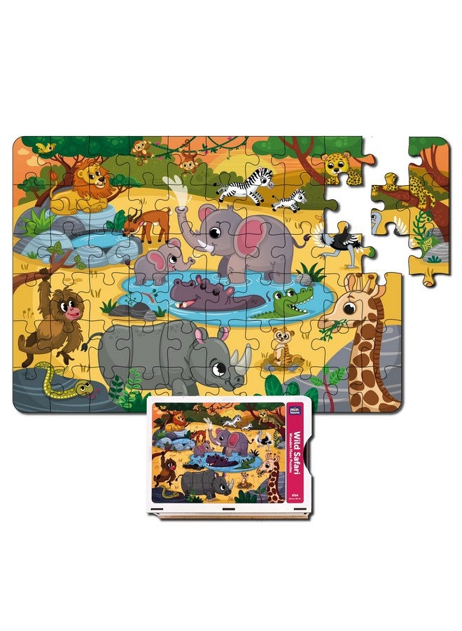 Mini Leaves Mini Leaves 60 Pieces Wooden Floor Puzzle for Kids & Adults | Wild Safari Animals Jigsaw Floor Puzzle| Fun & Challenging Wooden Floor Puzzle Game - Gift for Adults & Kids with Wooden Box  - Image 1