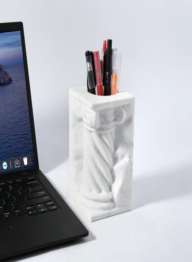BCS Aesthetic Roman Column Desk Organizer, Marble Pen & Pencil Holder for Desk - Luxury Makeup Brush Holder & Pencil Cup for Office Home Desk Accessories, Unique Mini Vase (White) - Image 3