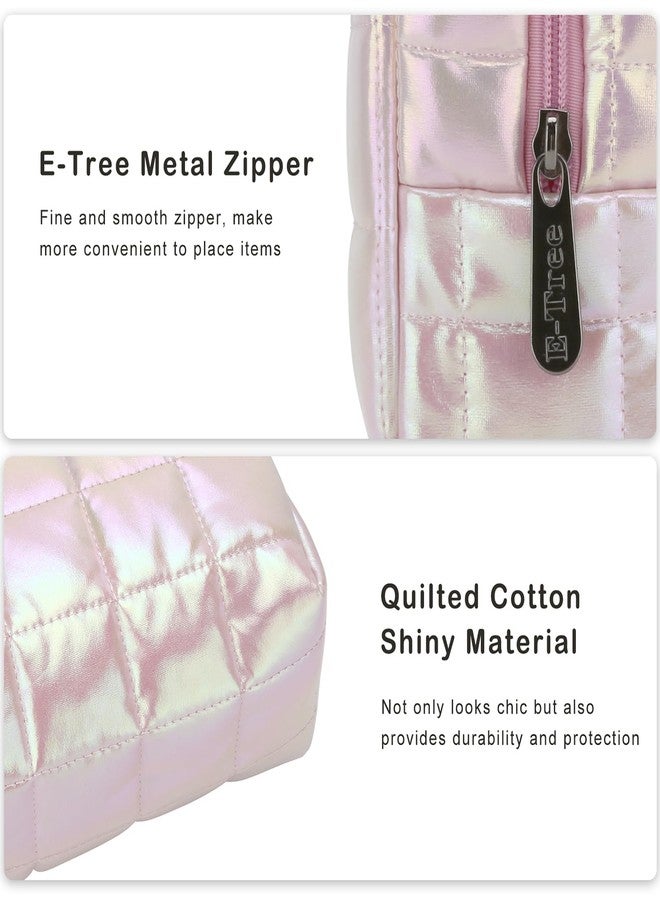 E-Tree Cute Makeup Bag,Quilted Cosmetic Bag,Make up Pouch for Purse,Toiletry Zipper Pouch,Checkered Bag,Travel Case,Storage Pouches for Organization (Dazzling Pink) - Image 4