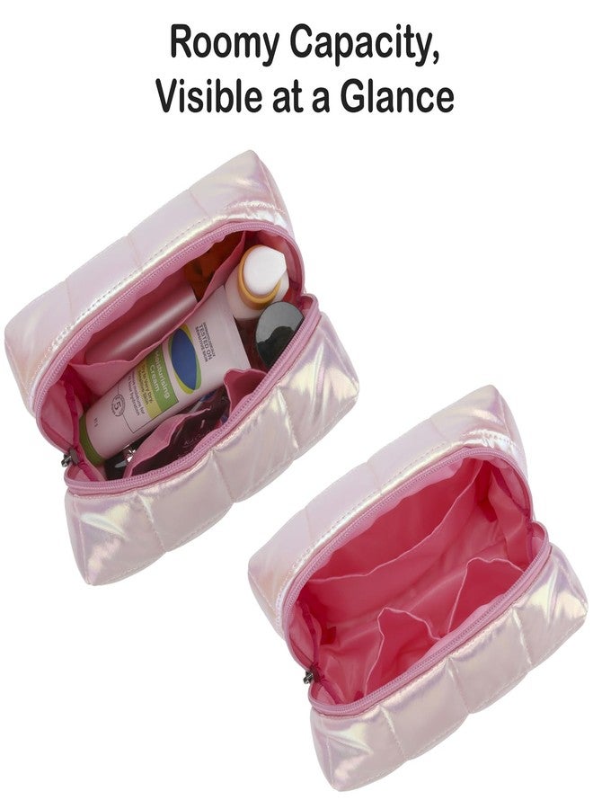 E-Tree Cute Makeup Bag,Quilted Cosmetic Bag,Make up Pouch for Purse,Toiletry Zipper Pouch,Checkered Bag,Travel Case,Storage Pouches for Organization (Dazzling Pink) - Image 3