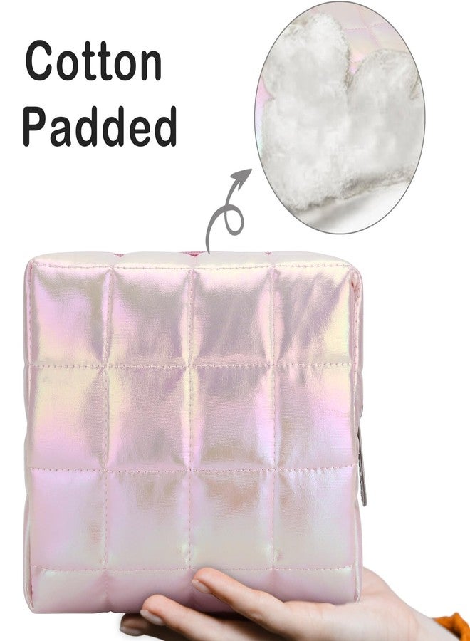 E-Tree Cute Makeup Bag,Quilted Cosmetic Bag,Make up Pouch for Purse,Toiletry Zipper Pouch,Checkered Bag,Travel Case,Storage Pouches for Organization (Dazzling Pink) - Image 2