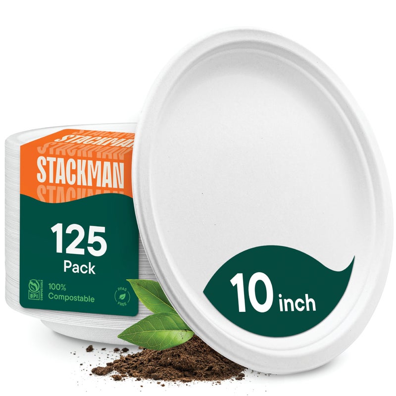 Stack Man 100% Compostable Paper Plates 10 Inch Heavy-Duty [125-Pack] Eco-Friendly White Bagasse Disposable Dinner Plates From Natural Sugarcane - 10"" Biodegradable Plate (BPI-Certified) (PFAS-Free) - Image 1