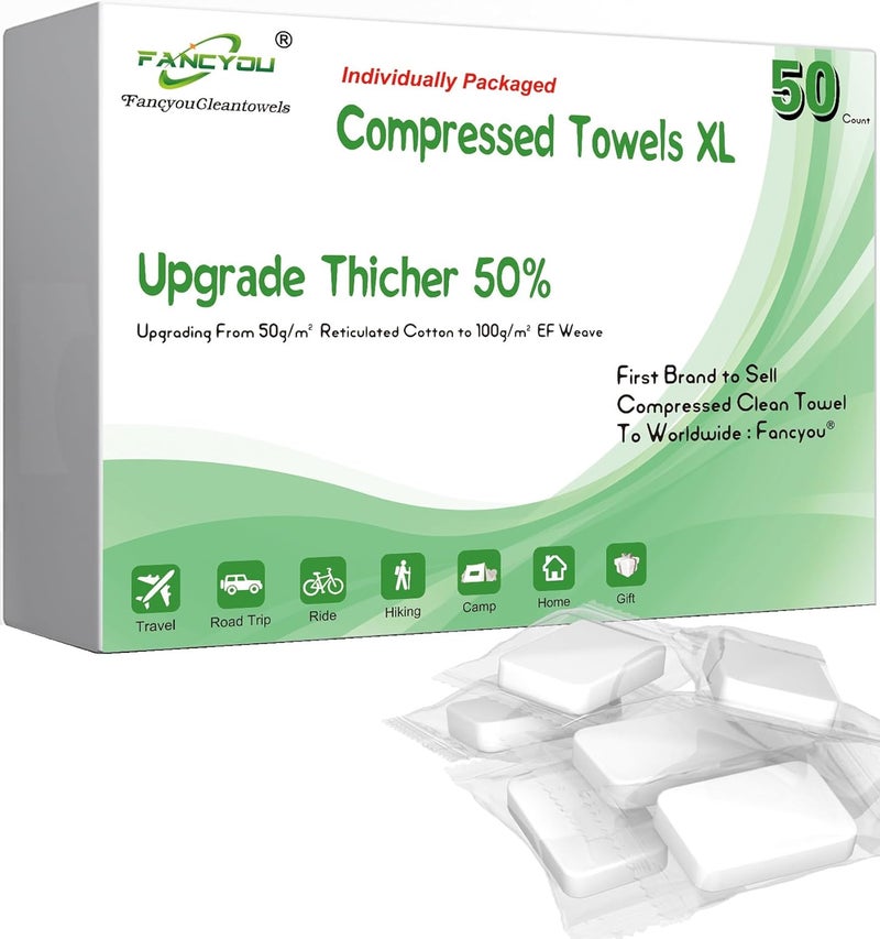 منشفة وجه كبيرة قابلة للاستخدام مرة واحدة مضغوطة سميكة قماش غسيل محمولة مدمجة من القطن أقراص مناديل تنظيف الوجه مناديل للسفر التخييم المشي في الهواء الطلق صالون التجميل 50 قطعة