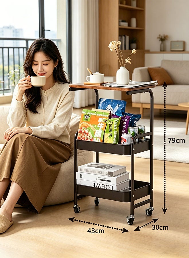 CozyNest 3-Tier Metal Utility Rolling Cart with Drawer & Walnut Wooden Table Top,A stable and sturdy rolling storage cart with 2 lockable wheels,for Small Spaces Kitchen Storage,Office Bookshelves, Bedroom Racks, and Bathroom Storage bathrooms, snacks, coffee, crafts, cosmetics, and baby essentials. (Black) - Image 2
