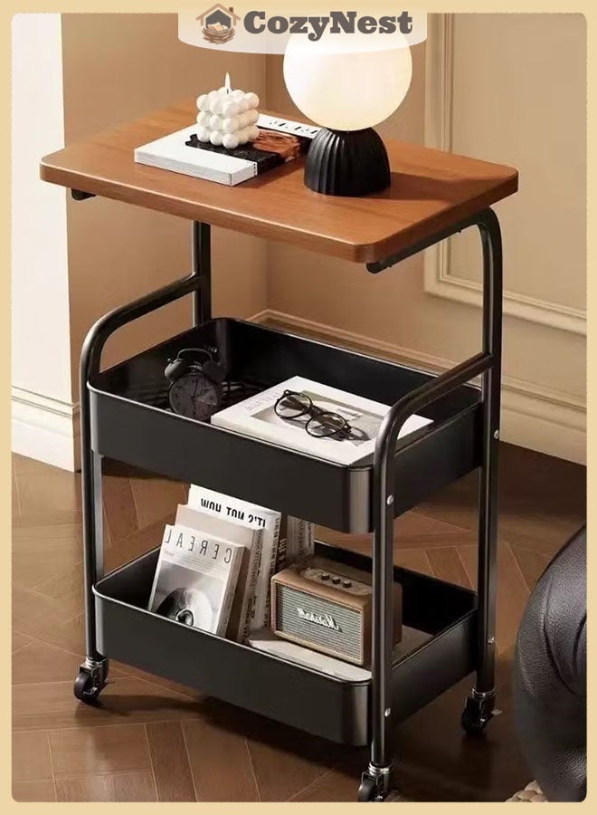 CozyNest 3-Tier Metal Utility Rolling Cart with Drawer & Walnut Wooden Table Top,A stable and sturdy rolling storage cart with 2 lockable wheels,for Small Spaces Kitchen Storage,Office Bookshelves, Bedroom Racks, and Bathroom Storage bathrooms, snacks, coffee, crafts, cosmetics, and baby essentials. (Black) - Image 1