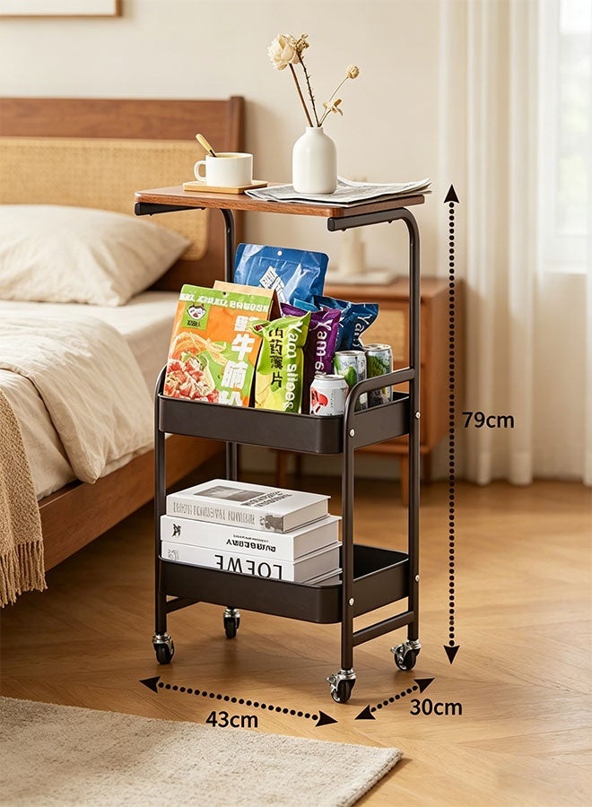CozyNest 3-Tier Metal Utility Rolling Cart with Drawer & Walnut Wooden Table Top,A stable and sturdy rolling storage cart with 2 lockable wheels,for Small Spaces Kitchen Storage,Office Bookshelves, Bedroom Racks, and Bathroom Storage bathrooms, snacks, coffee, crafts, cosmetics, and baby essentials. (Black) - Image 3