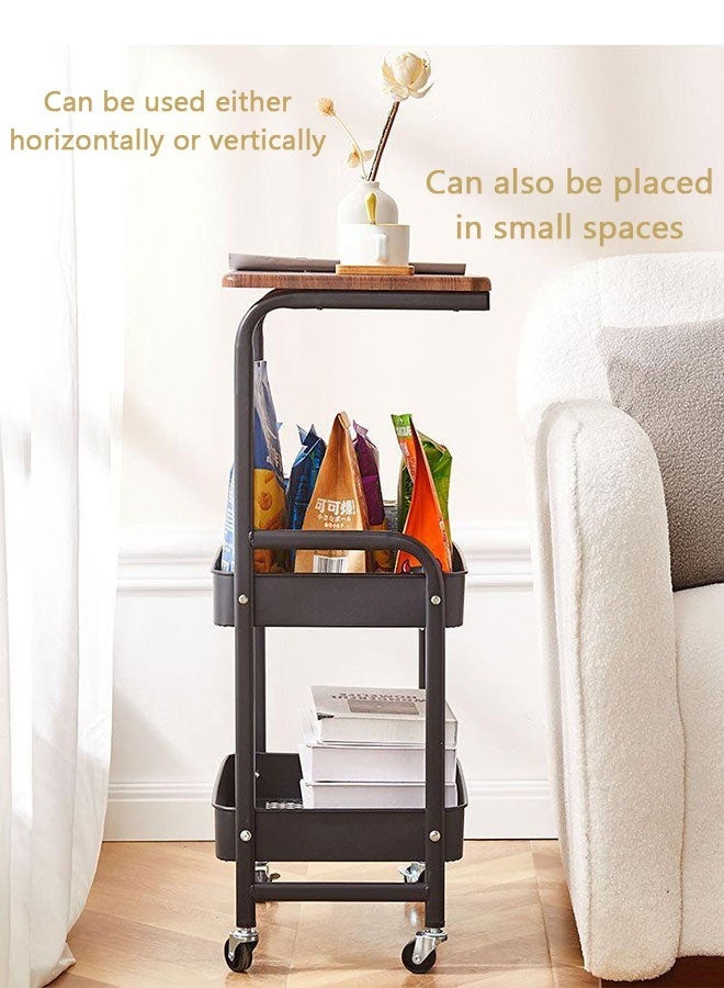 CozyNest 3-Tier Metal Utility Rolling Cart with Drawer & Walnut Wooden Table Top,A stable and sturdy rolling storage cart with 2 lockable wheels,for Small Spaces Kitchen Storage,Office Bookshelves, Bedroom Racks, and Bathroom Storage bathrooms, snacks, coffee, crafts, cosmetics, and baby essentials. (Black) - Image 4