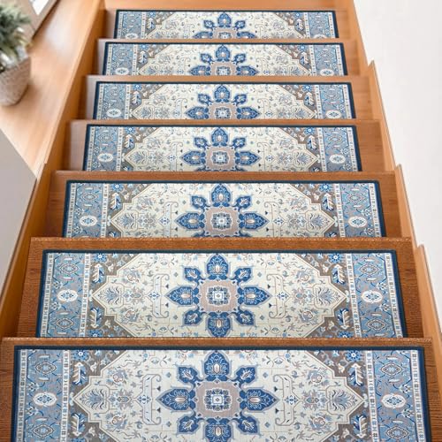 FlowaFoli 15Pcs Stair Treads for Wooden Steps Indoor with Self Adhesive, 8"x30" Non Slip Stair Treads Stair Carpet Runner, Resistant Indoor Runner for Kids、Elders and Pets,White and Brown - Image 1