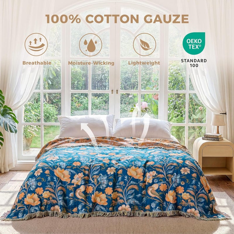 LUTBM Boho Throw Blanket for Couch Sofa Chair Cotton Blankets for Bedroom Living Room All Season Soft Lightweight Reversible Floral Bird Embroidery Throws 50"x60" - Image 3