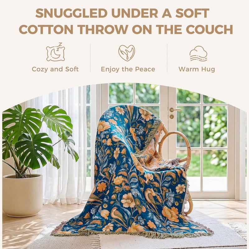 LUTBM Boho Throw Blanket for Couch Sofa Chair Cotton Blankets for Bedroom Living Room All Season Soft Lightweight Reversible Floral Bird Embroidery Throws 50"x60" - Image 5