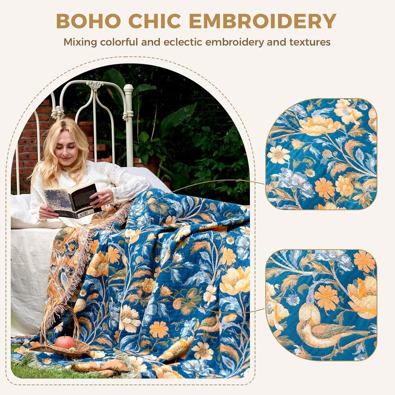 LUTBM Boho Throw Blanket for Couch Sofa Chair Cotton Blankets for Bedroom Living Room All Season Soft Lightweight Reversible Floral Bird Embroidery Throws 50"x60" - Image 4