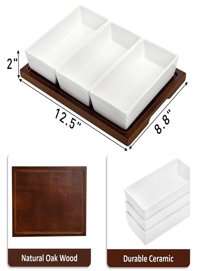 Elsjoy 3-Section Serving Tray, Wood Divided Serving Dish with Ceramic Bowls, 3-Compartment Food Platter Dipping Tray for Appetizer, Fruits, Bread - Image 2