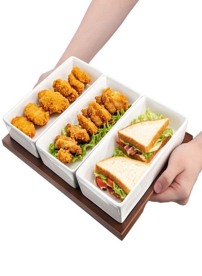 Elsjoy 3-Section Serving Tray, Wood Divided Serving Dish with Ceramic Bowls, 3-Compartment Food Platter Dipping Tray for Appetizer, Fruits, Bread - Image 4