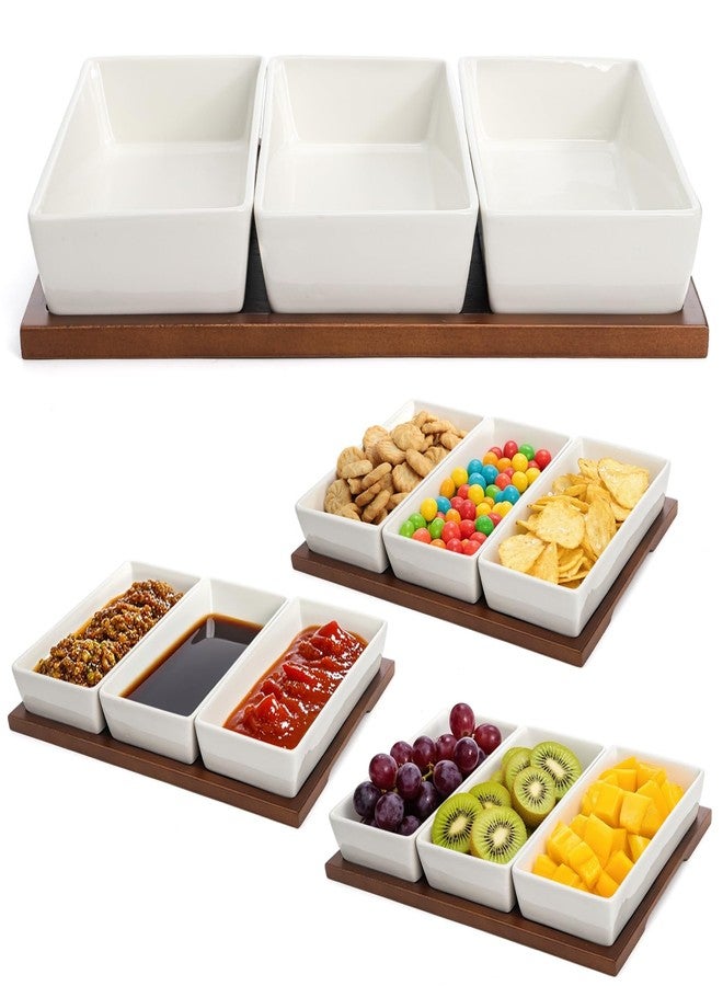 Elsjoy 3-Section Serving Tray, Wood Divided Serving Dish with Ceramic Bowls, 3-Compartment Food Platter Dipping Tray for Appetizer, Fruits, Bread - Image 1