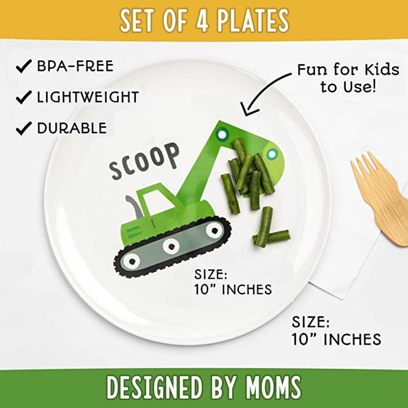 Tiny Expressions - Construction Plates for Toddlers - Set of 4 Melamine Plates for Kids - Excavator, Cement Mixer, Bulldozer, and Dump Truck - Fun Plastic Dinnerware for Kids - Image 2