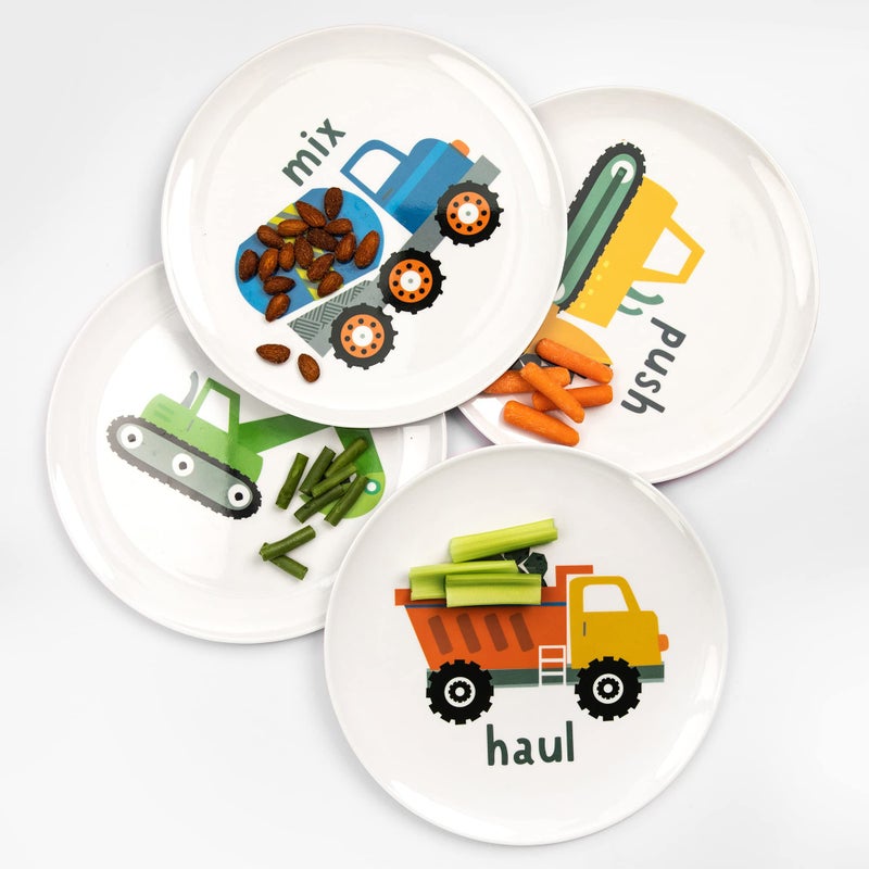 Tiny Expressions - Construction Plates for Toddlers - Set of 4 Melamine Plates for Kids - Excavator, Cement Mixer, Bulldozer, and Dump Truck - Fun Plastic Dinnerware for Kids - Image 3
