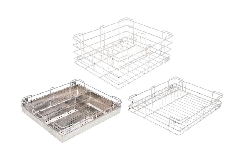 NNIDHI NNIDHI Stainless Steel Chrome Plated Modular Kitchen Basket for Organize Multipurpose Utensils and kitchen accessories 5MM 4 cup 4 cutlery 8 thali 17 inch width X 20 inch depth set of 3  - Image 1