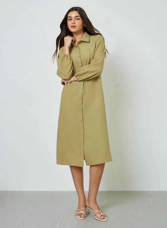 تايك تو Khaki Solid Puff Sleeves Relaxed Fit Shirt Midi Dress