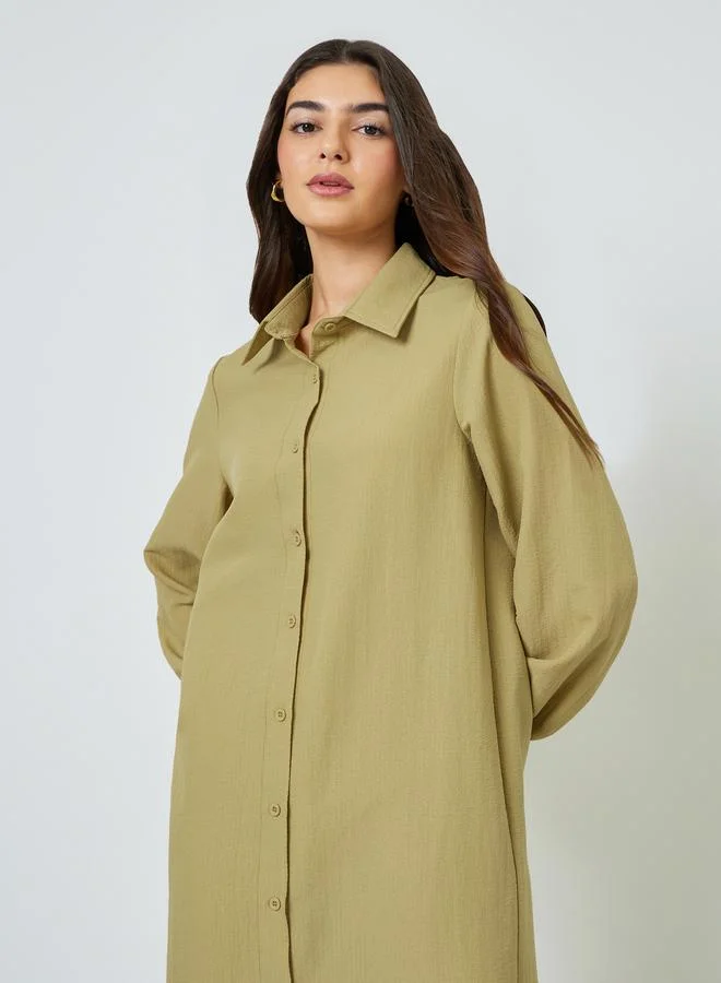 تايك تو Khaki Solid Puff Sleeves Relaxed Fit Shirt Midi Dress