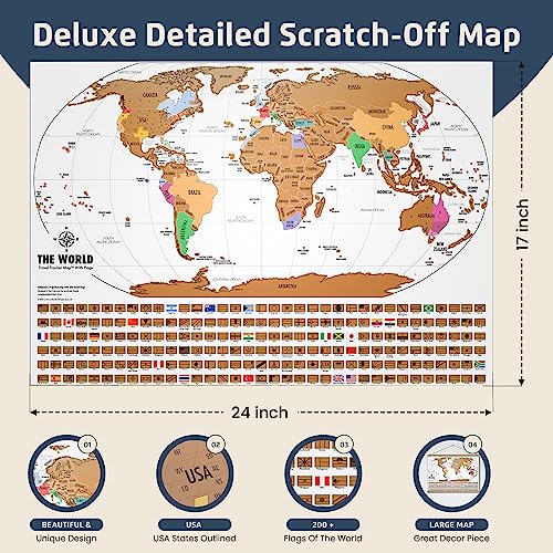Landmass Scratch Off World Map, Poster with Flags, Deluxe Travel Tracker Print, Unique Wall Art for Home or Office, Ideal Gift Idea for Travelers and Adventure Lovers, 27x14 Inches - Image 2