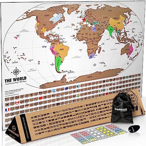 Landmass Scratch Off World Map, Poster with Flags, Deluxe Travel Tracker Print, Unique Wall Art for Home or Office, Ideal Gift Idea for Travelers and Adventure Lovers, 27x14 Inches - Image 1