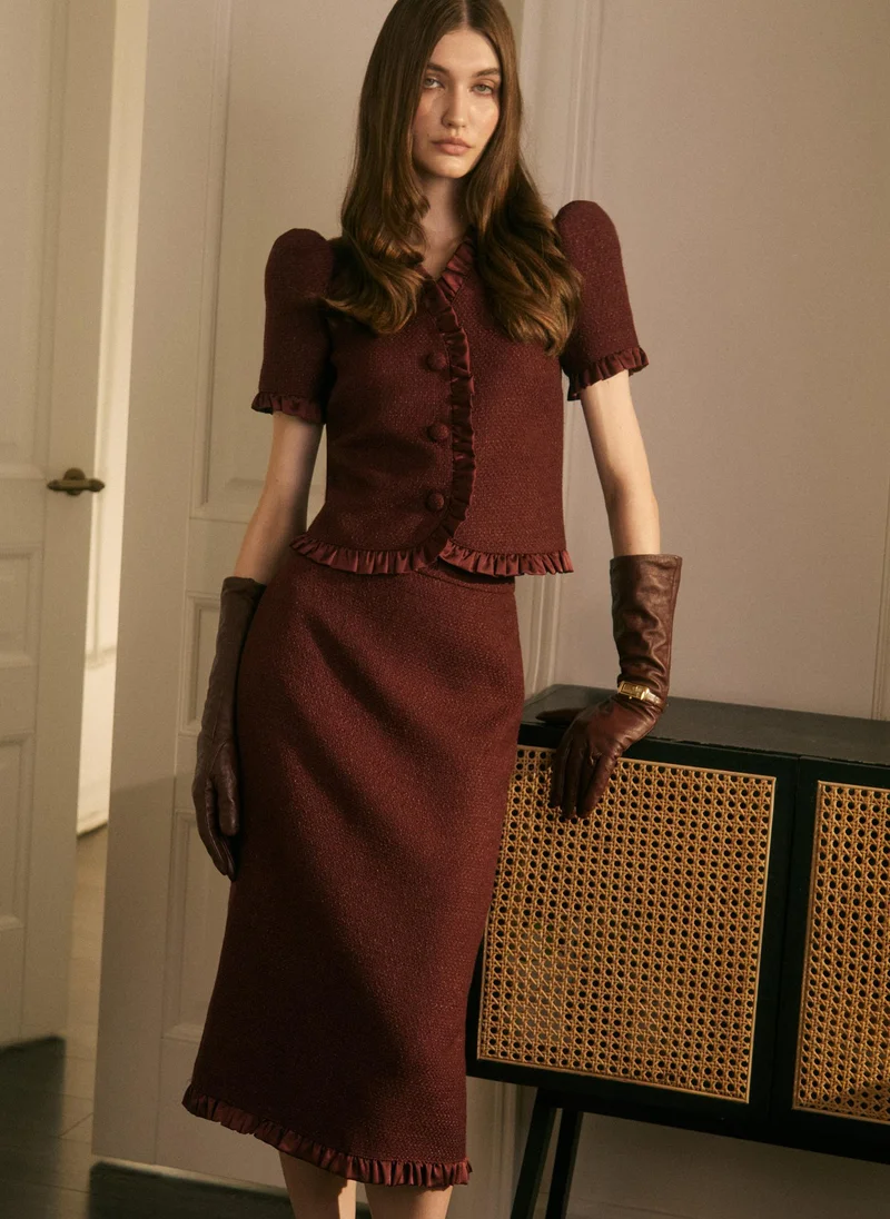 Lichi  Straight-cut tweed midi skirt with ruffles for Women | Best Price UAE
