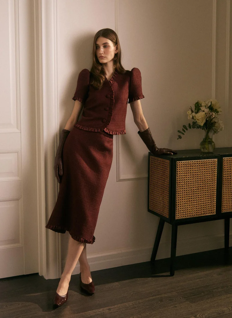 Lichi  Straight-cut tweed midi skirt with ruffles for Women | Best Price UAE