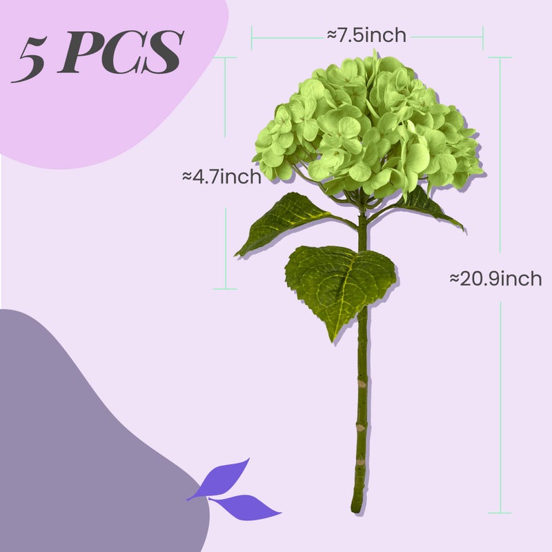 Yatim 21In Bottle Green Artificial Hydrangea Flowers 5 Pcs Real Touch 3D Print Latex Flowers for Wedding Centerpieces Bouquets DIY Floral Decor Home Decoration with Stems - Image 2