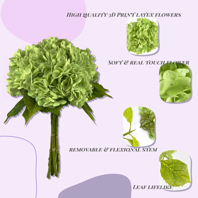 Yatim 21In Bottle Green Artificial Hydrangea Flowers 5 Pcs Real Touch 3D Print Latex Flowers for Wedding Centerpieces Bouquets DIY Floral Decor Home Decoration with Stems - Image 3