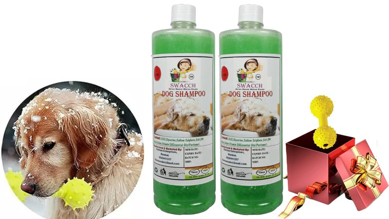swacch Dog Shampoo + Dumbbell Toy I Durable Rubber Dog Toy for Chewing I Playing,Teeth Cleaning & Training Toy I Combo Pack I 1 Litre Pack of 2 Neem Alovera - Image 1