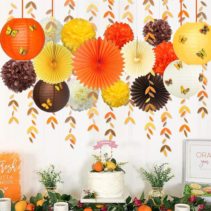 pinkblume Fall Party Decorations Kit Yellow Orange Brown Paper Hanging Fans Lantern Flowers Pom Pom With 3D Butterfly Autumn Leaves Garland For Wedding Bridal Shower Birthday Harvest Thanksgiving Party Supplies - Image 4