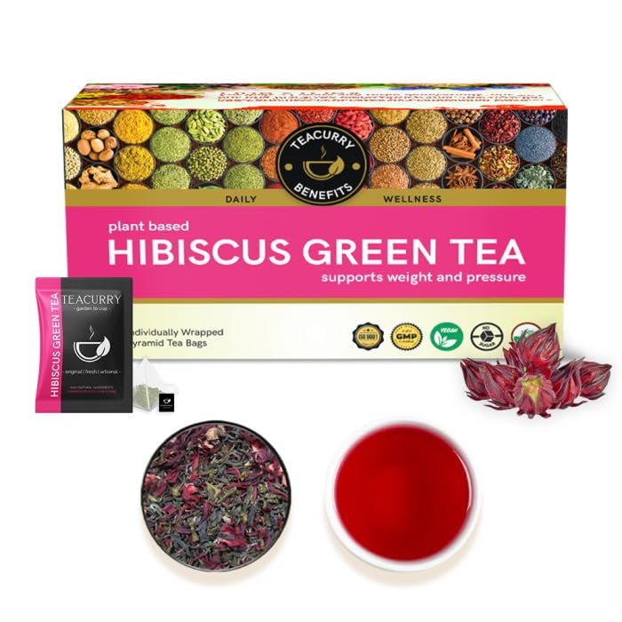 TEACURRY Hibiscus Green Tea Organic - 30 Natural Hibiscus Green Tea Bags | Hibiscus Green Tea Bags Helps lower blood pressure, promotes weight loss & boosts liver health | Tea for weight loss - Image 1