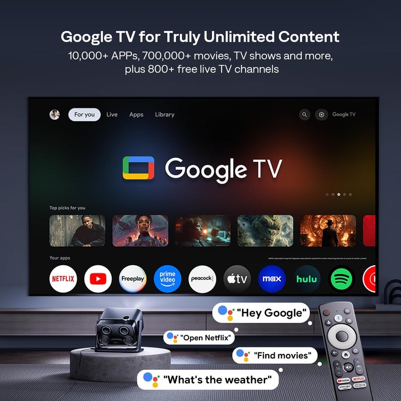 Aurzen جهاز عرض ذكي Aurzen BOOM mini مع Google TV وواي فاي وبلوتوث، التحكم الصوتي، وضع العائلة، صوت دولبي 20 واط، التركيز الفوري، يدعم 4K لعرض الأفلام لغرفة النوم/المنزل/الرياضات الخارجية الحية، أسود - Image 2