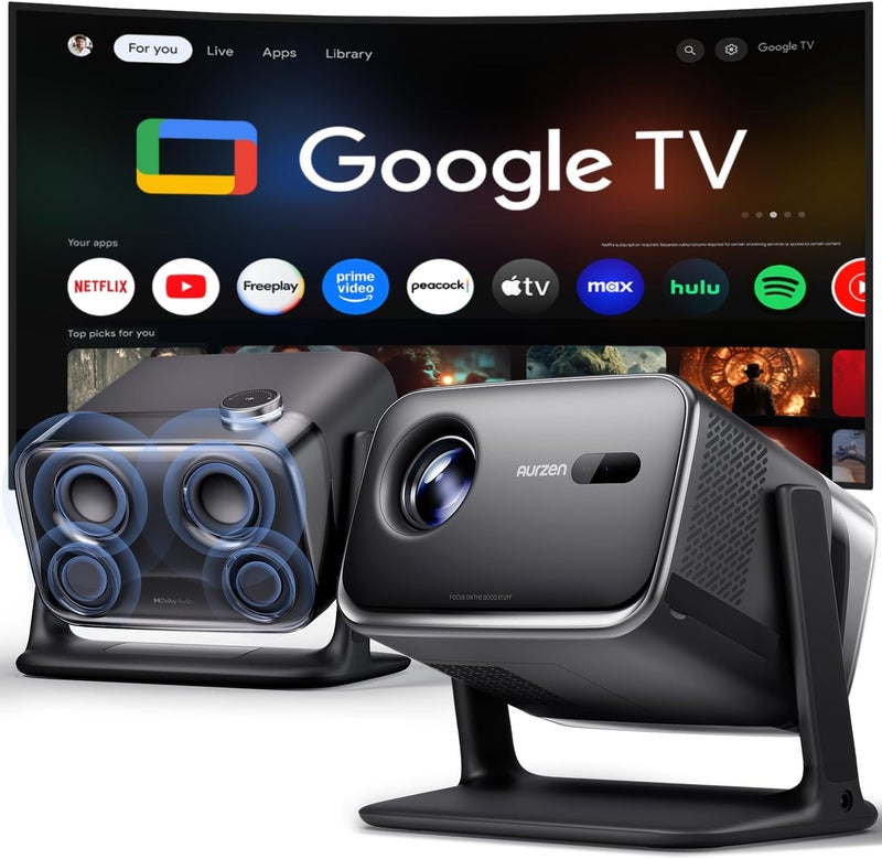 Aurzen جهاز عرض ذكي Aurzen BOOM mini مع Google TV وواي فاي وبلوتوث، التحكم الصوتي، وضع العائلة، صوت دولبي 20 واط، التركيز الفوري، يدعم 4K لعرض الأفلام لغرفة النوم/المنزل/الرياضات الخارجية الحية، أسود - Image 1