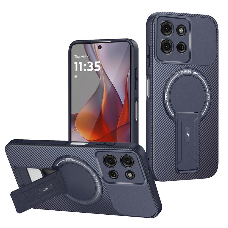 erorex For Motorola Moto G75 5G Carbon Fiber Texture MagSafe Phone Case with Holder(Blue) - Image 1