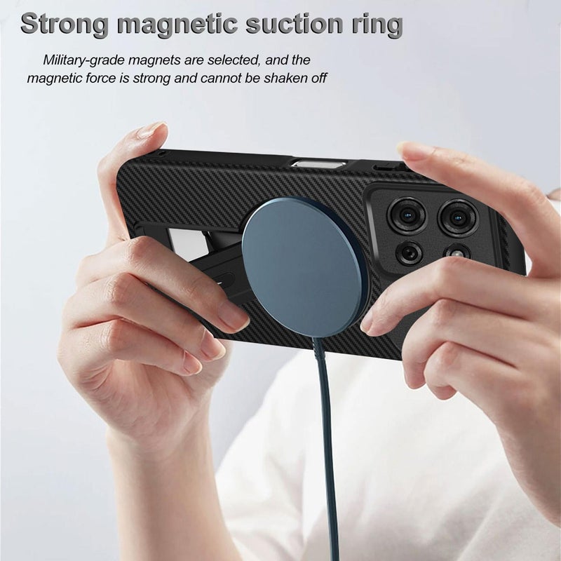 erorex For Motorola Moto G75 5G Carbon Fiber Texture MagSafe Phone Case with Holder(Blue) - Image 4