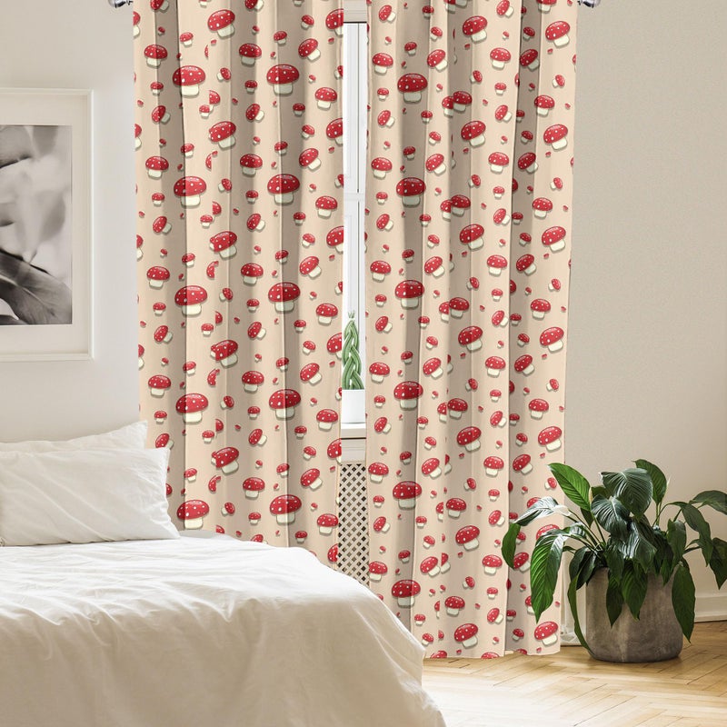 Ambesonne Ambesonne Mushroom Window Curtains Pack of 2  Woodland Themed Illustration of Spotted Toadstool Summer Season Forest Cartoon  Lightweight Set with Rod Pocket  4 Panels of - 28"" x 63""  Ivory Red - Image 4