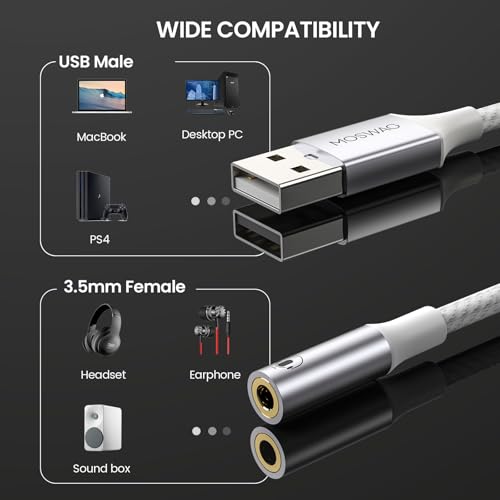 MOSWAG USB to 35mm Jack Audio AdapterUSB to Aux Cable with TRRS 4Pole MicSupported Computer Headphone Microphone AUX Adapter External Sound Card for Laptop PC PS4 PS5 065Feet20cm White - Image 3