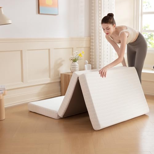 MLILY Folding Mattress 3 inch Single Trifold Memory Foam Mattress Foldable Mattress with Storage Bag and Washable Cover Travel and Guest Mat 7525 White