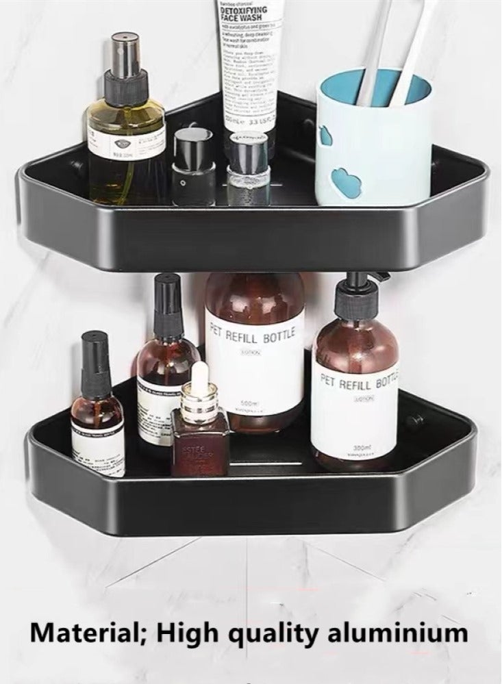 Kutis 2-Pieces Bathroom Shelf Shower Shampoo Soap Organizer Wall Mounts Storage Rack Aluminum Alloy Black 33x25x5.2 Centimeter - Image 3