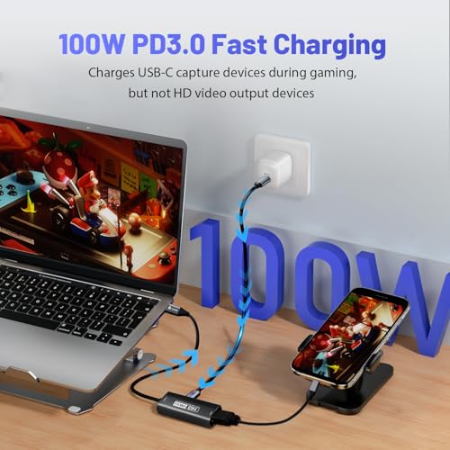 Guermok 4K USB3.0 Video Capture Card with PD 100W, 2K@30FPS or 1080P@60FPS HDMI to USB-A/C Capture Card for Streaming, Works with iPad Quest 3, Mac OS, Switch2/1 PS5/4, Xbox, Camera, Black - Image 2