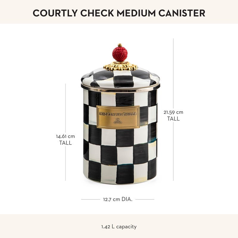 mackenzie childs MACKENZIE-CHILDS Medium Enamel Canister, Kitchen Storage Container for Flour and Sugar, 1.42 Liters, Black-and-White Courtly Check - Image 4