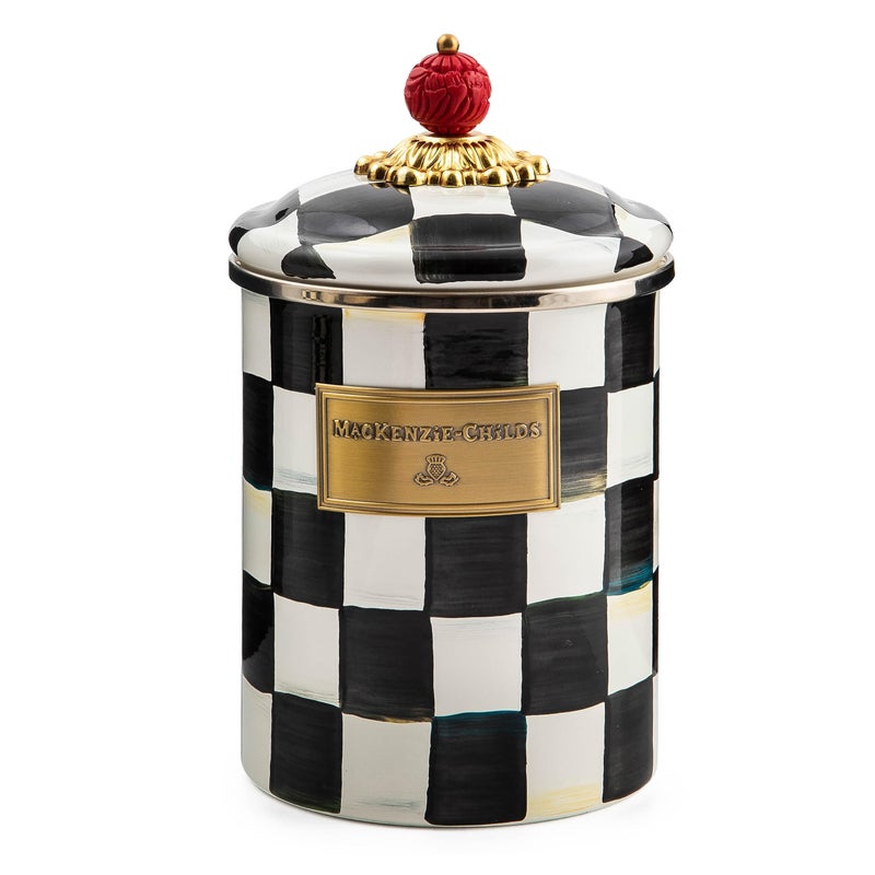 mackenzie childs MACKENZIE-CHILDS Medium Enamel Canister, Kitchen Storage Container for Flour and Sugar, 1.42 Liters, Black-and-White Courtly Check - Image 1