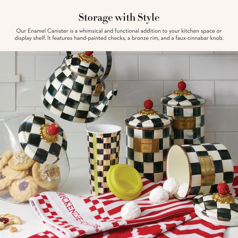 mackenzie childs MACKENZIE-CHILDS Medium Enamel Canister, Kitchen Storage Container for Flour and Sugar, 1.42 Liters, Black-and-White Courtly Check - Image 2