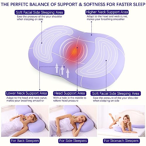 KEEPMOV Memory Foam Pillows - Cervical Neck Pillows for Pain Relief, Ergonomic Contour Pillow for Side Back Stomach Sleepers (Purple) - Image 3