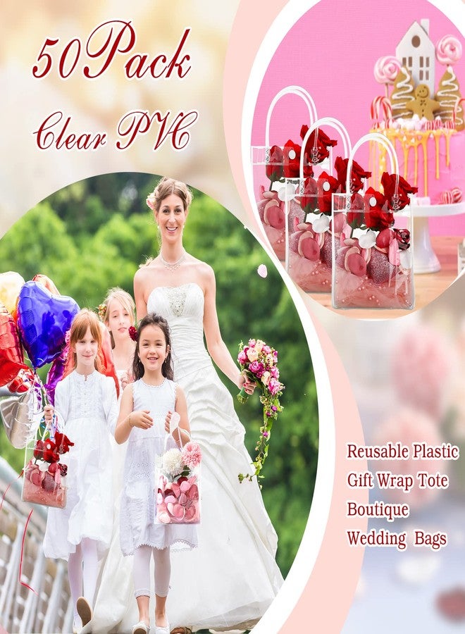 Saintrygo 50 Pcs Clear Gift Bags with Handles PVC Plastic Bags Bulk Gift Wrap Tote Transparent Reusable Goodie Bags for Wedding Baby Shower Shopping Birthday Party Favor(5.9 x 6.3 x 2.8 Inches) - Image 2