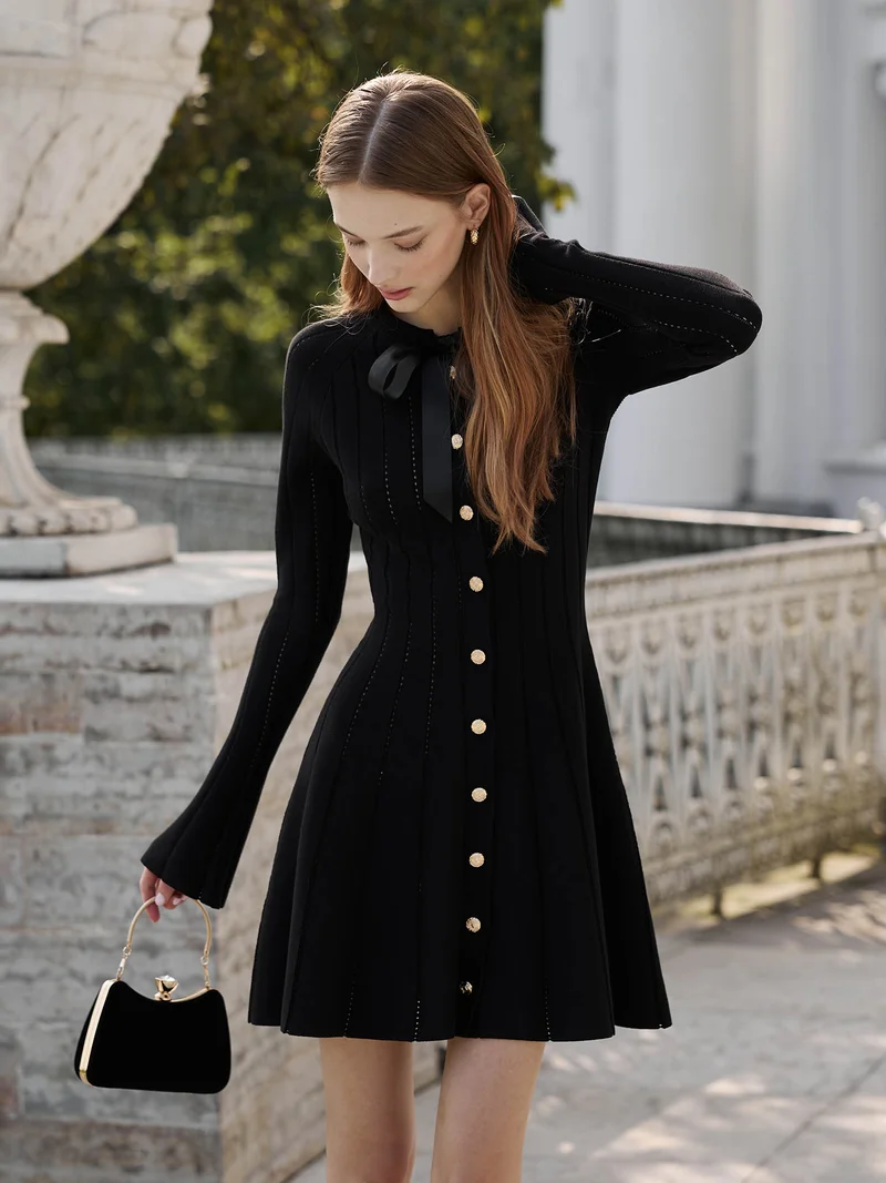 Lichi  Openwork jersey mini dress with a collar satin bow for Women | Best Price UAE