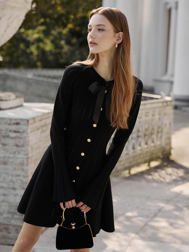 Lichi  Openwork jersey mini dress with a collar satin bow for Women | Best Price UAE