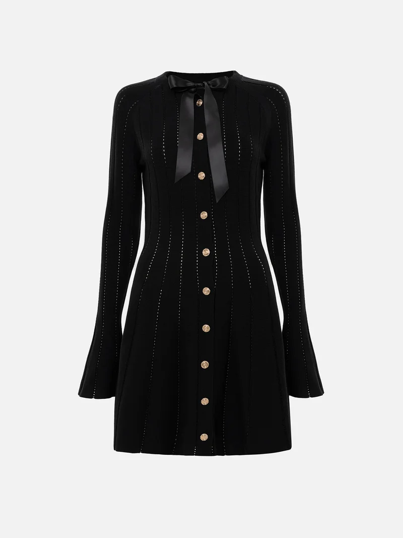 Lichi  Openwork jersey mini dress with a collar satin bow for Women | Best Price UAE